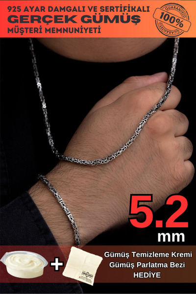 OSMANLI GÜMÜŞ Erkek Gümüş Kolye Bileklik Set - 5.2mm 925 Ayar Gümüş Kare Kral...