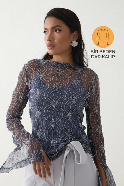 Setre Μακρυμάνικη μπλούζα Indigo Slim Fit με διάφανη εσωτερική επένδυση με λεπτομέρεια με μοτίβο