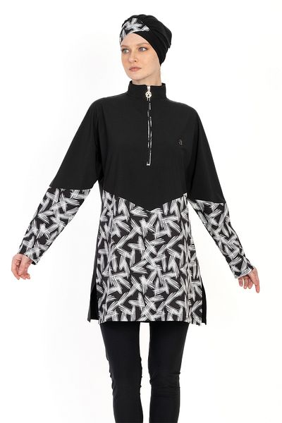 InStyle Brush Pattern 4 Piece Black Hijab Swimsuit 6066A