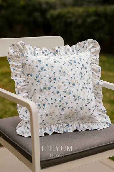 LILYUM 100% Cotton Ruffled Floral Patterned Throw Pillow Case – 43X43 cm (1 Pc)