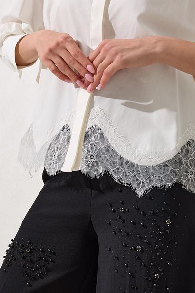 Setre Ecru 100% Cotton Lace Detail Long Sleeve Shirt