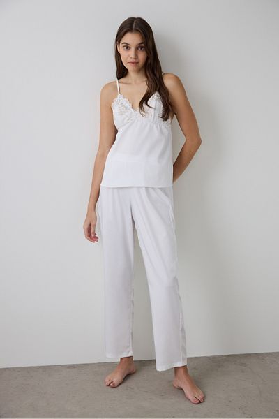 Penti Off White Bridal Charming V Neck Ruched Satin Dowry Pajamas Set