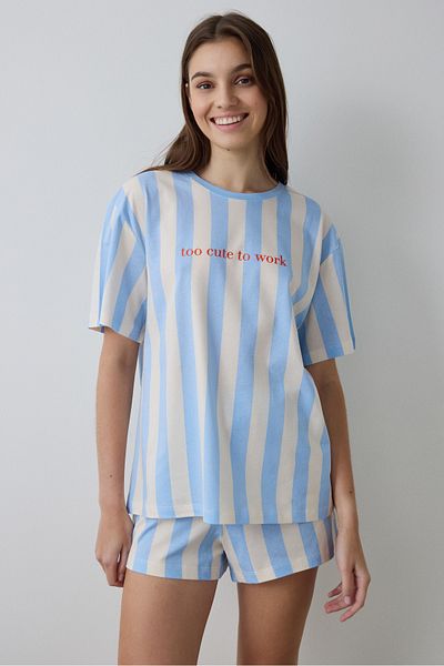 Penti Light Blue Cute to Work Striped Crew Neck Short Sleeve Shorts Pajamas Set
