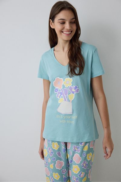 Penti Mint Green with Love Floral Pattern V-Neck Short Sleeve Pajama Set
