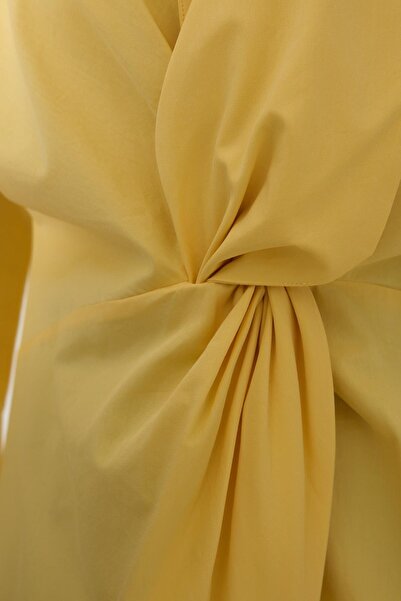 Setre Tereyağ Sarısı V Yaka Büzgü Detaylı Pamuklu Gömlek