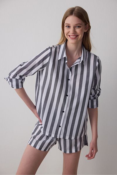 Penti Set de pijamale cu mâneci lungi și pantaloni scurți cu guler cămașă Quinn în dungi