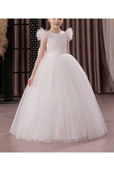 NSMLİFE Büzgülü/Fırfır Kollu Beyaz Renk  Uzun İncili Kız Çocuk Prenses Elbise Mezuniyet Doğum Günü Elbise