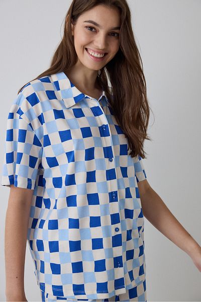 Penti Set de pijamale cu mâneci scurte cu rever de cămașă Rhea Gingham în carouri