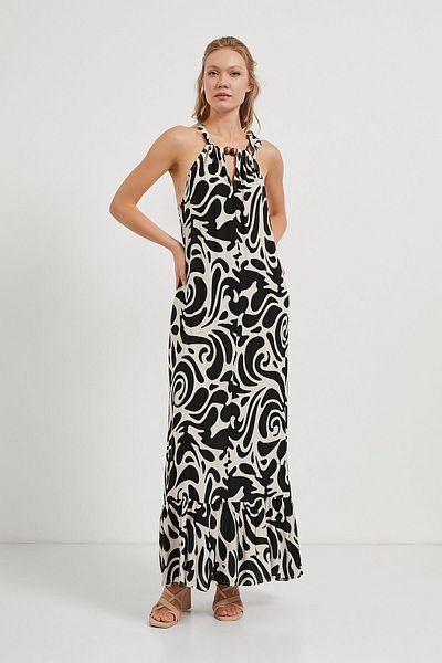 Arma Life Women's Halter Neck Summer Patterned Black Long Dress