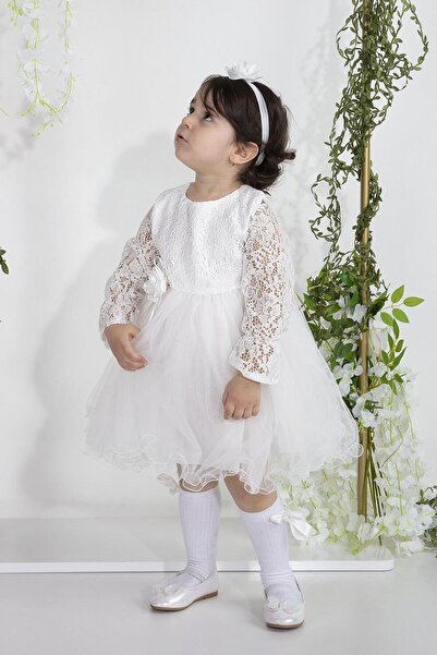 MİNİMONY Minimony Uzun Kol Dantelli Kız Bebek Çocuk Bayramlık Abiye Gelinlik Elbisesi 4002