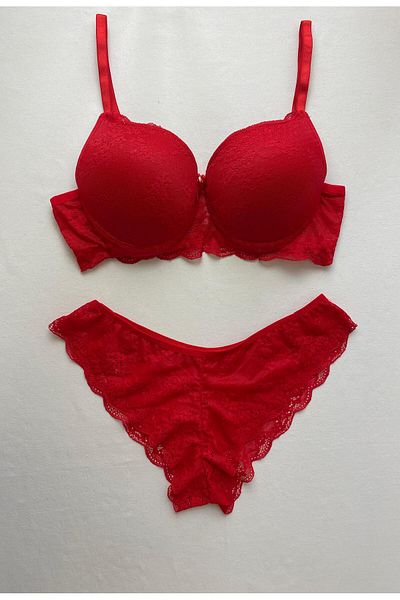 ST iç giyim Women's Red Padded Lace Underwire Bra Set