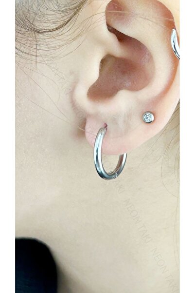 Neon Takı by Atalay Sensitivity Tag and Stainless Hoop Earring 620, Silver Color, Outer Diameter 19mm