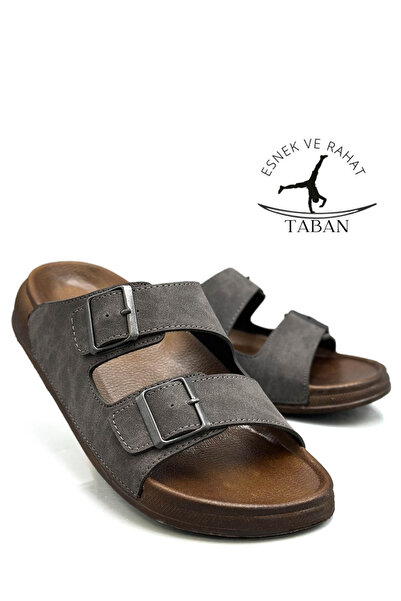 Moda Anna Double Buckle Adjustable Width Flexible Comfortable Leather Men's Slippers 25103 Gray