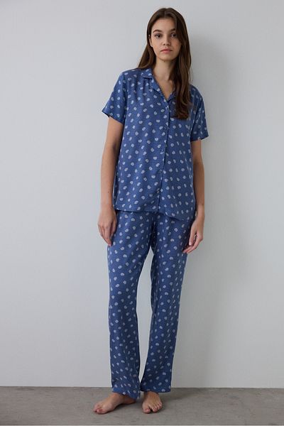 Penti Set de pijamale cu mânecă scurtă cu guler de cămașă cu imprimeu floral Indigo Hailee
