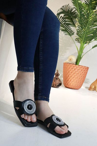 Moda Anna Flat Bottom Brooch Silicone Stone Women's Summer Slippers Nw Black