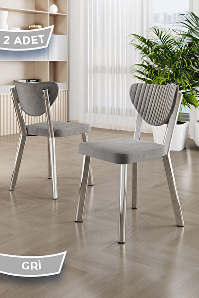 Canisa Arfe Serisi 2 Adet Gri Mutfak Sandalyesi Krom Kaplama Metal Ayak 1. Sınıf Babyface Kumaş