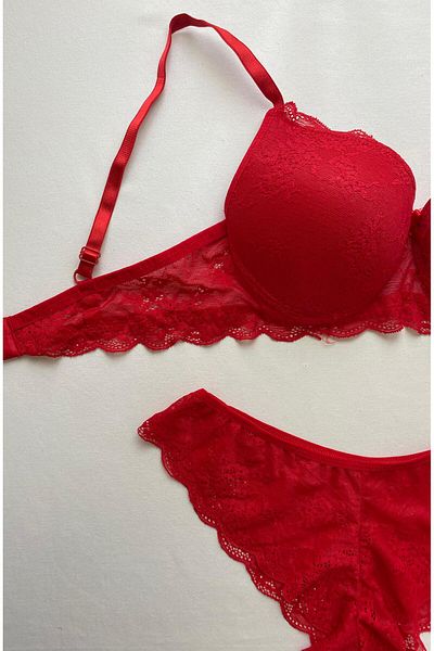 ST iç giyim Women's Red Padded Lace Underwire Bra Set