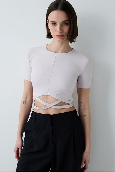 Penti Παστέλ ροζ Crop T-shirt με σταυρωτή λεπτομέρεια στο μπροστινό μέρος