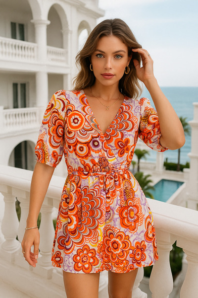 Rich V-Neck Double-Breasted Patterned Women's Dress – Stylish Model with Belt Detail