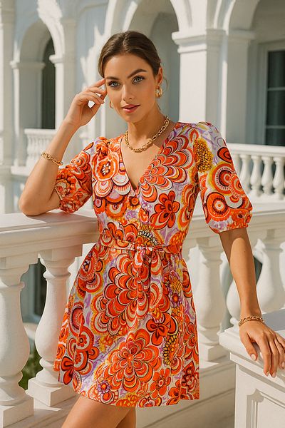 Rich V-Neck Double-Breasted Patterned Women's Dress – Stylish Model with Belt Detail