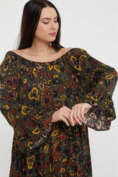 Hazinedan Γυναικείο έθνικ μοτίβο σάλι με γιακά Madonna Casual μακρύ μανίκι βολάν αυθεντικό φόρεμα