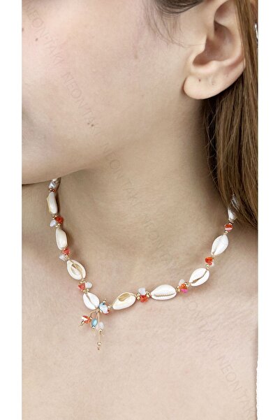 Neon Takı by Atalay Sensitivity Tag and Mussel Shell, Orange Stone, Summer Necklace 394, Gold Color