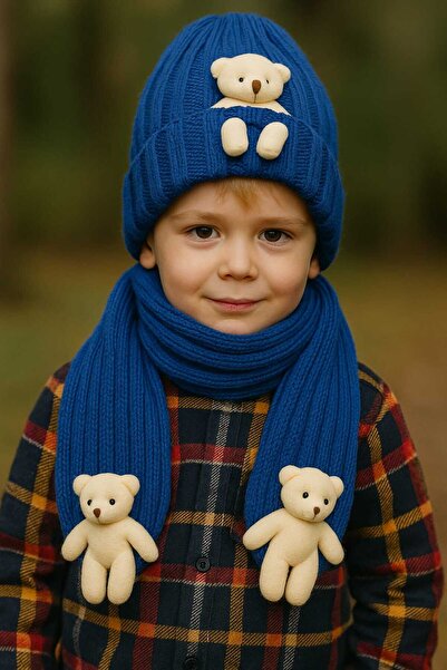 diamondstar Set de eșarfe și beretă pentru băieți cu ursuleț de pluș, 4/14 ani