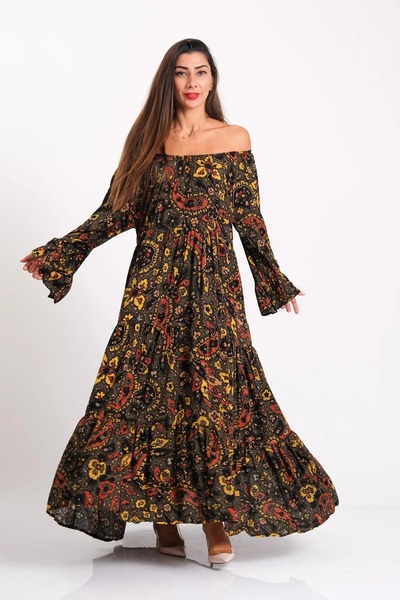 Hazinedan Γυναικείο έθνικ μοτίβο σάλι με γιακά Madonna Casual μακρύ μανίκι βολάν αυθεντικό φόρεμα