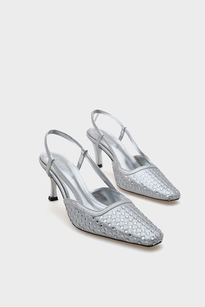 Capone Outfitters Pantofi de damă cu toc mediu argintiu, cu piatră, cu spate deschis