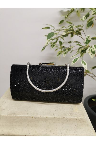 NAZART Women's Stoned Black Evening Dress Clutch Chain Strap Hand Wedding Engagement Night Shoulder Bag