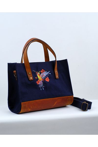 Wings Of Simurg Hummingbird Embroidered Genuine Leather-Canvas (Navy Blue-Small Size) Bag