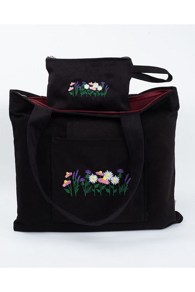 Wings Of Simurg Lavanda Daisy Brodat - Geantă și portofel din pânză neagră cu fermoar Butikmutik