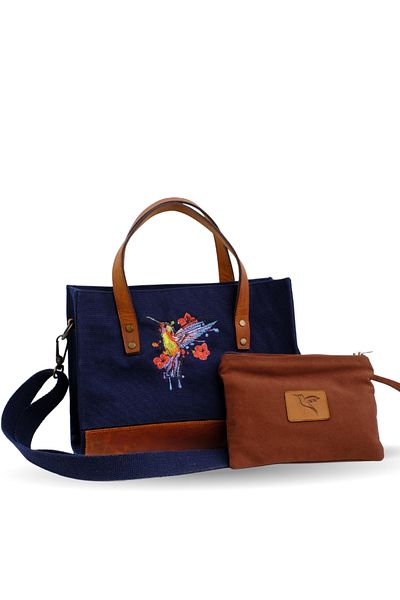 Wings Of Simurg Hummingbird Embroidered Genuine Leather-Canvas (Navy Blue-Small Size) Bag