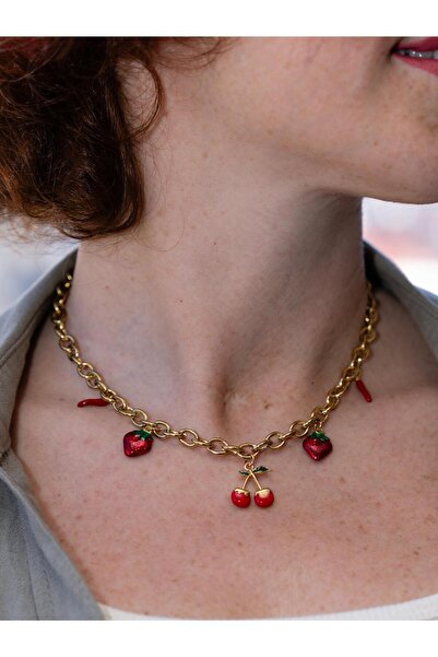 Portakal Esintisi Ismeralda Kiraz Çilek Biber Charm Choker Çelik Kolye