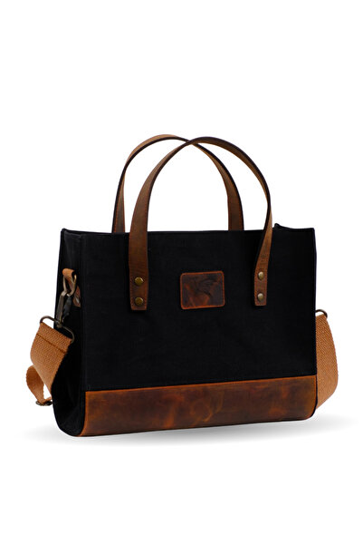 Wings Of Simurg Geantă din piele naturală-pânză (negru-mică).