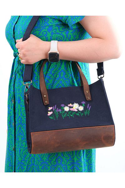 Wings Of Simurg Lavender-Daisy Embroidered Genuine Leather-Canvas (Navy Blue-Small Size) Bag