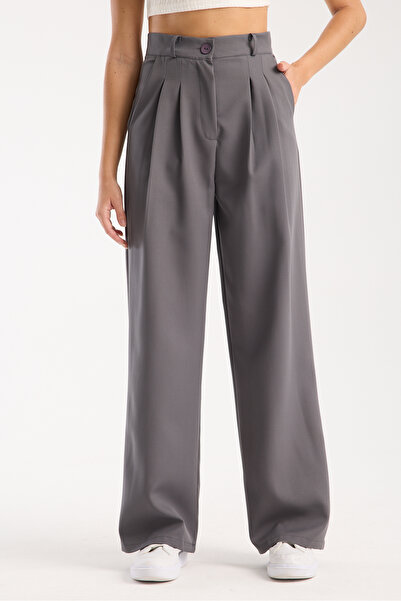 LAND MODA Kadın Pileli Antrasit Kumaş yüksek bel Palazzo Pantolon