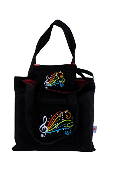 Wings Of Simurg Butikmutik-nakış Işlemeli Fermuarlı Siyah Kanvas Bez Çanta ve...