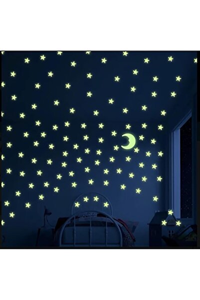 mertyavm Fosforlu Duvar Sticker 50 Adet Büyük Boy(4cm) Yıldız ve Ay Çocuk Odası Hediyelik