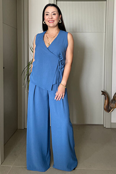 Butik Çapraz Bağlamalı Beli Lastikli Dökümlü Yelek Pantolon Takım