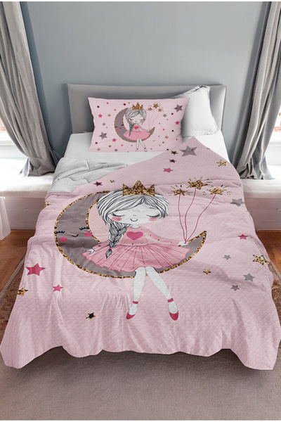 Bebişim Halı Cute Girl Sitting on the Moon Patterned Single Pique (with Pillow Case)