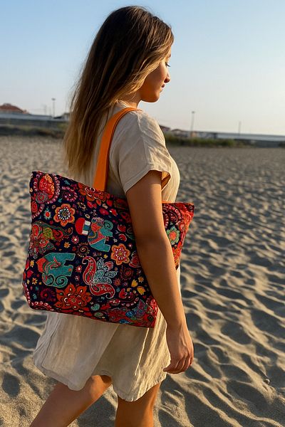 MER HOME Ethnic Elephant Patterned Zippered Lined Beach Bag Daily Shoulder Bag