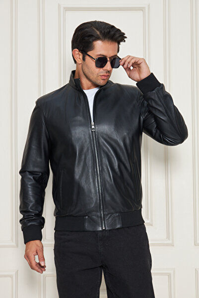 By Marki Marki Erkek Hakiki Deri Ceket - Siyah, Hakim Yaka, Fermuarlı, Deri T...