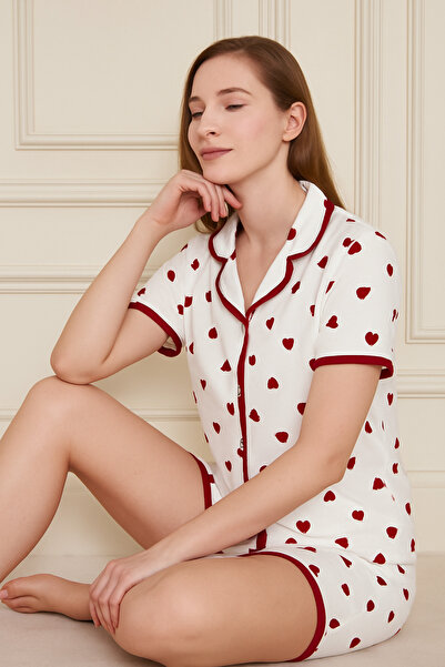 JADİYA Red Heart White Women's Shorts Pajamas Set