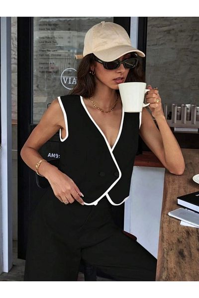 Silerra Women's Sleeveless V-Neck Buttoned Imported Crepe Vest and Trousers Double Suit