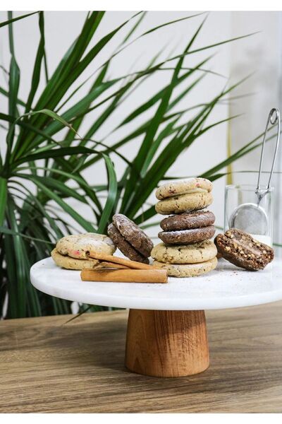 FARALYAHOME Natural Marble Cake Stand, Wooden Leg Cake Stand, Marble Presentation Stand, Marble Cheese Plate 28 cm