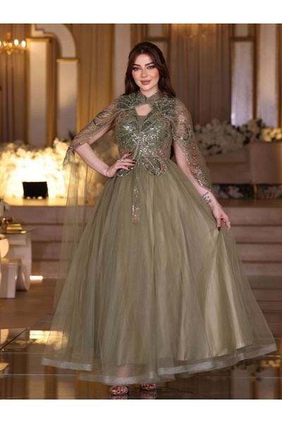 Nice Model Olive Green Sequined Tulle Evening Dress Long Sleeve Embroidered Formal Gown Party Wear