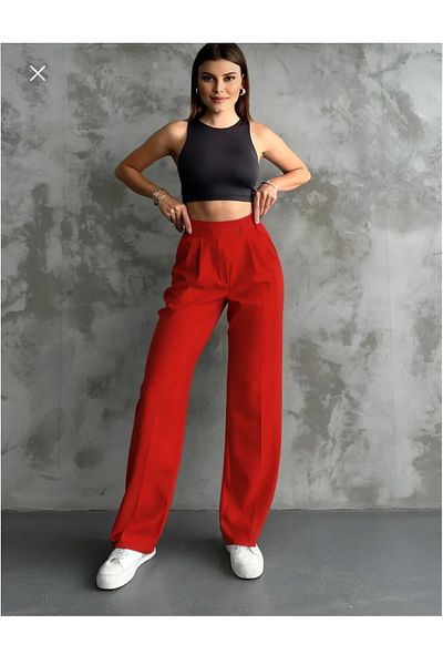 QUMRULİFE Red Hook and Loop Closure Zipper Woven Pants