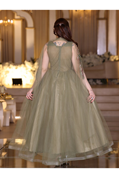 Nice Model Olive Green Sequined Tulle Evening Dress Long Sleeve Embroidered Formal Gown Party Wear