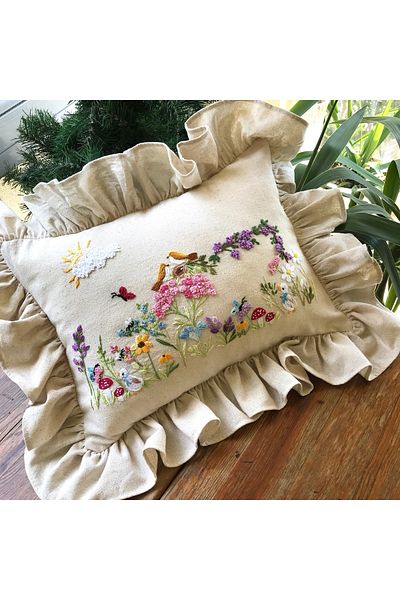 Home Fairy Tale Themed Baby Pillow. Wildflower Embroidered Hand Embroidered Linen Fabric with Inner Filling 60X50 Size